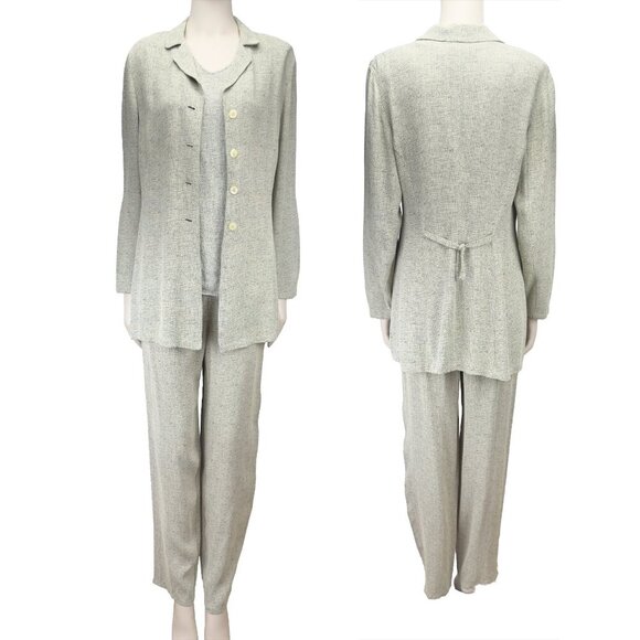 GERARD DAREL VTG 3 Pc Suit Flowy Summer Textured Gray Green Beige Pants Set s 38 - Picture 1 of 14